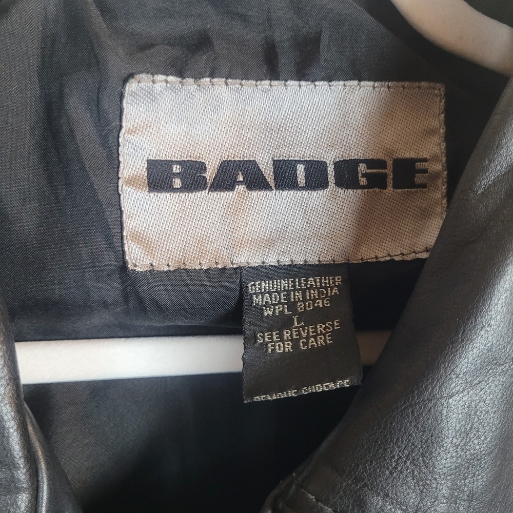 Badge Leather Jacket Mens Large Black Distressed Belted Moto Biker Asymmetrical - Picture 6 of 14